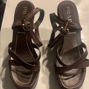 Brown Authentic Leather Prada Wedge Sandals